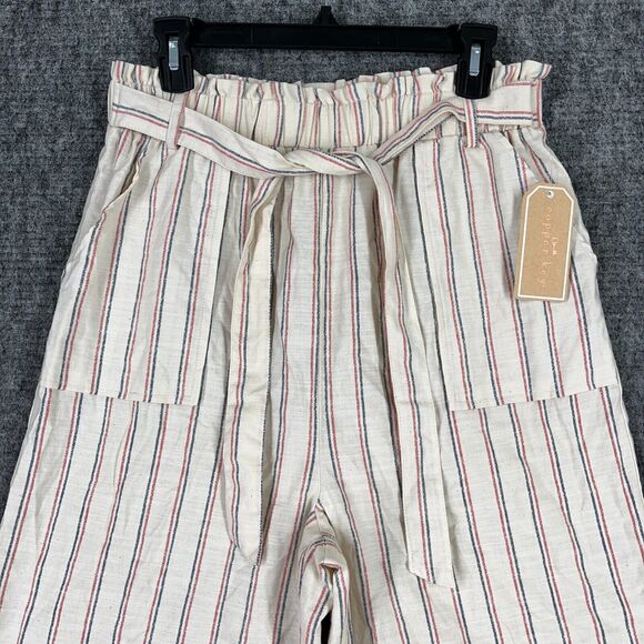 COPPER KEY PANTS WOMENS LARGE NATURAL STRIPED‎ BELTED WIDE-LEG CROPPED TROUSER - Picture 3 of 12